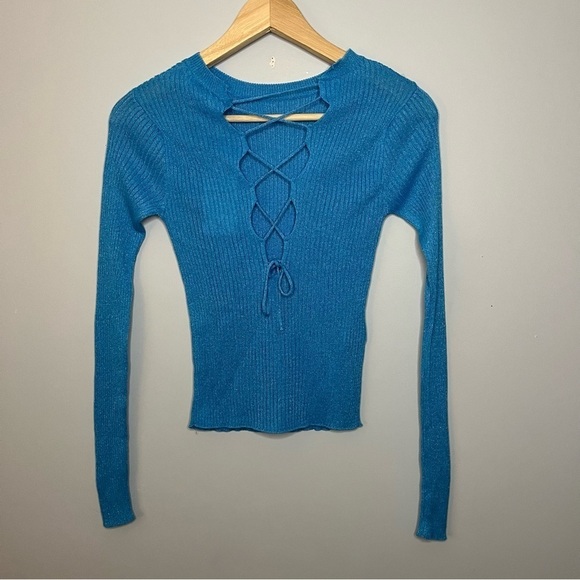 Mango Lace Up Back Cut Out Fine Ribbed Knit Sky Blue Sweater Size Small NWT - Picture 13 of 16